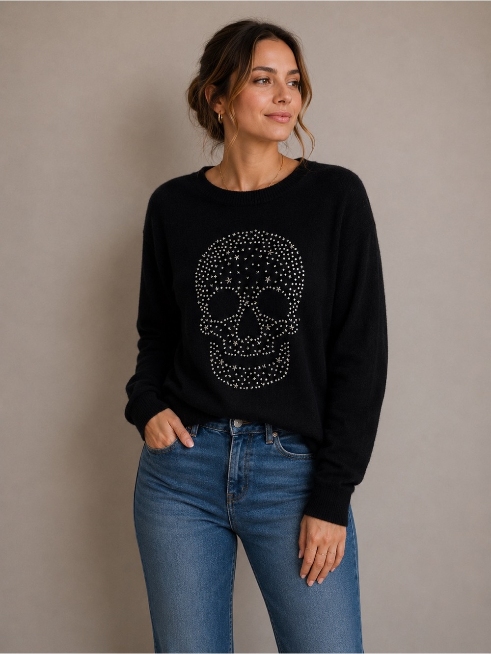 27 Miles Malibu Sweater Womens Cashmere Blend Studded Skull  Black Sweater Sz XS